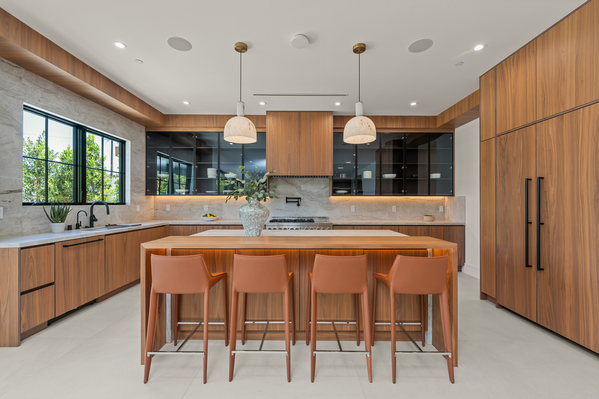 La Maida residence — main kitchen run, white oak with marble